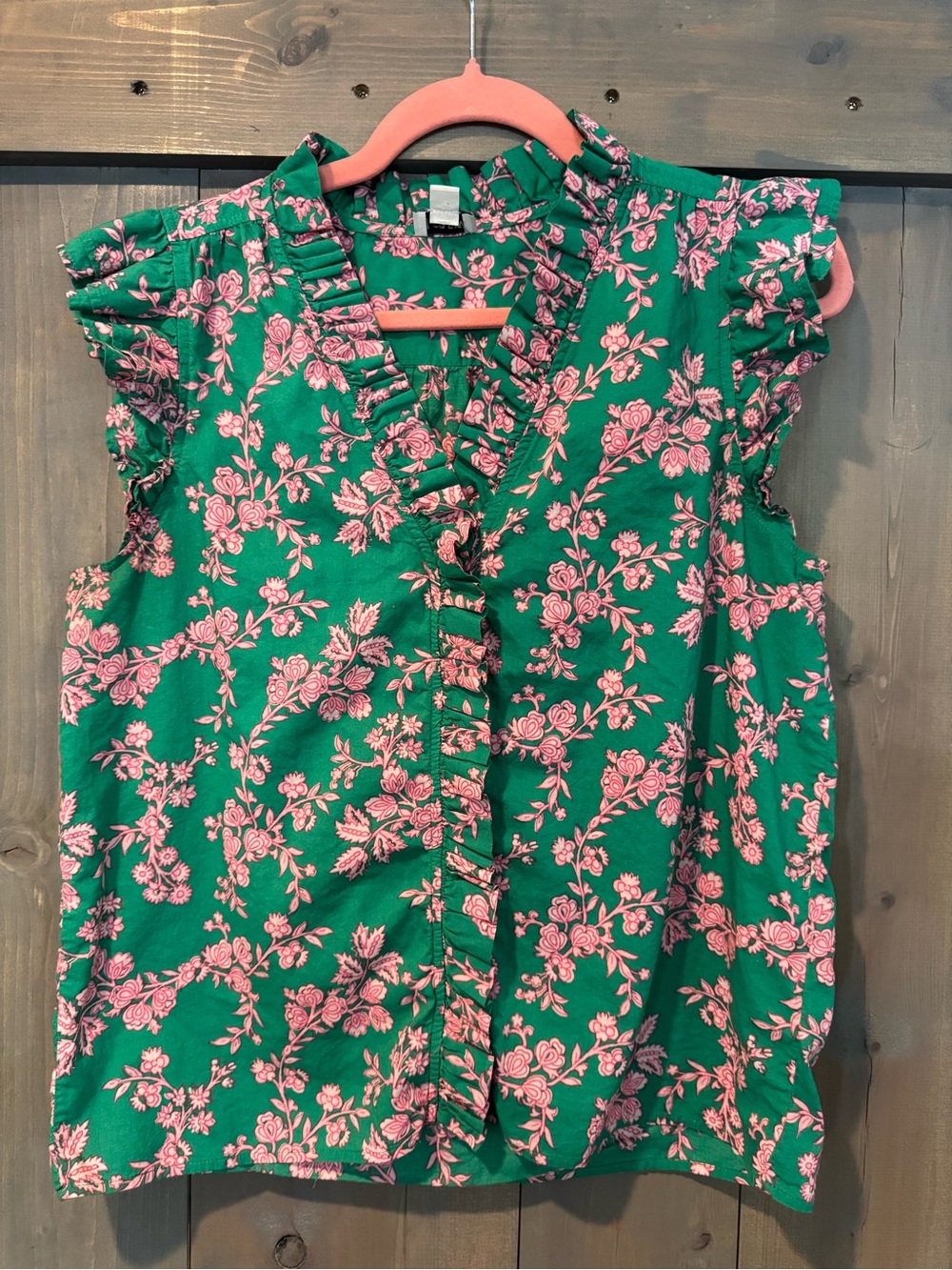 J. Crew Green Sleeveless Ruffle V-Neck Top with Pink Floral Print